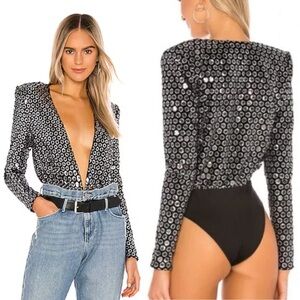 H:ours Revolve Infinity Silver Sequin Black Velvet Plunge Neck Bodysuit Size XL